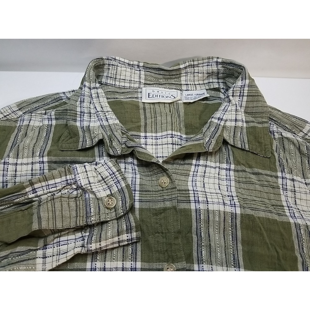 Basic Editions Womans Large Plaid Long Sleeve Button Up Shirt
